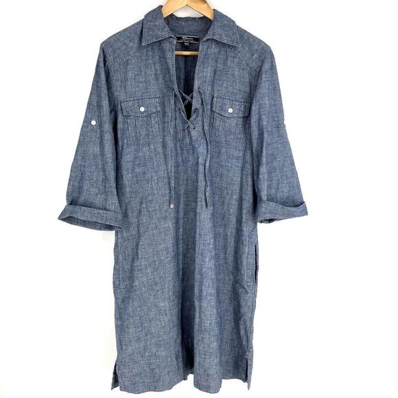 Tommy Bahama Dress Size Medium Womens Blue Tab Sleeve Lace Up Chambray Pockets - Picture 1 of 9